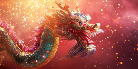 Majestic Chinese Dragon with Fireworks and Golden Sparks