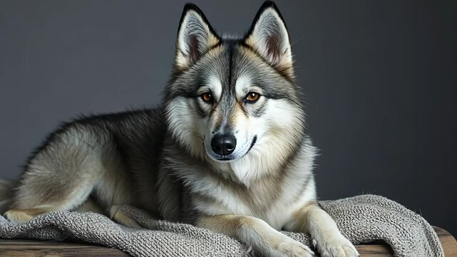 Beautiful wolfdog resting on a cozy blanket in a studio setting during soft lighting