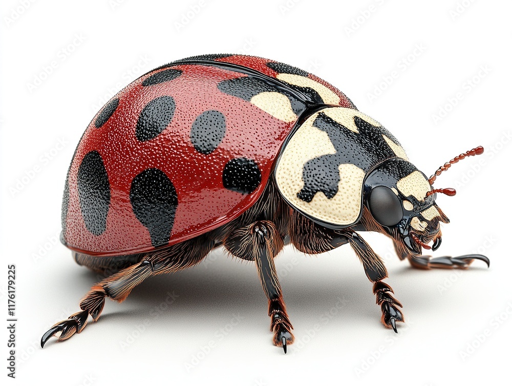 Poster a detailed 3d rendering of a ladybug showcasing its vibrant colors and intricate textures.