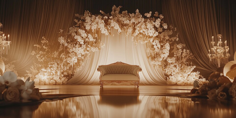 Fototapeta premium Luxurious Wedding Stage Decor with Floral Arch and Chandelier