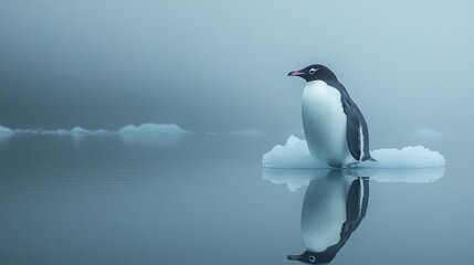 Fototapeta premium A solitary penguin stands on an iceberg, reflecting in calm waters amidst a misty atmosphere.