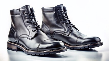 Black Leather Boots Isolated on White Background - Low Light Fashion Photography