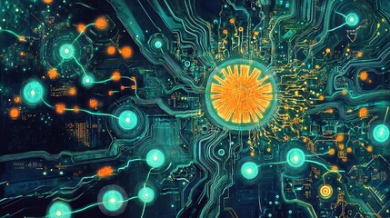 Obraz premium Generative AI artwork depicting a glowing futuristic chipset with intricate circuits