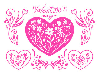 Floral heart designs with decorative swirls and text "Valentine's Day," featuring intricate pink patterns for a romantic and elegant touch