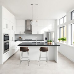 A modern and spacious kitchen characterized by its clean lines and minimalistic design. Island. Cabinetry. Appliances. Natural Light. Backsplash. Flooring. 