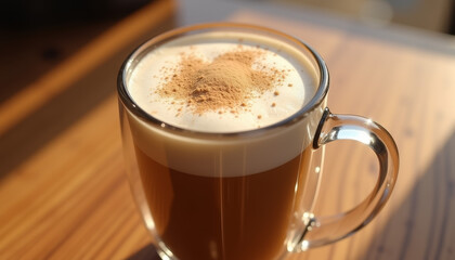 Glass Mug Vanilla Latte with Rich Foam and Wooden Table