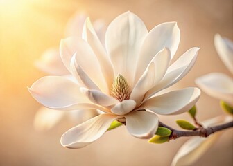 Blooming White Magnolia Flower, Soft Beige Background - Candid Close-up