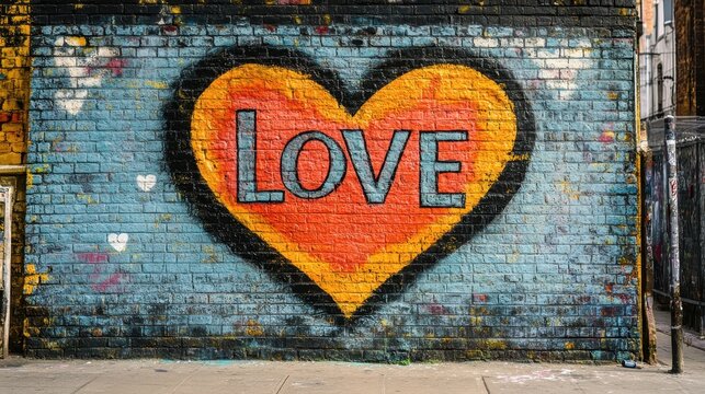 A colorful mural with a large LOVE painted in bold letters leaving space at the bottom for text selective focus artistic theme dynamic overlay city square backdrop - Powered by Adobe