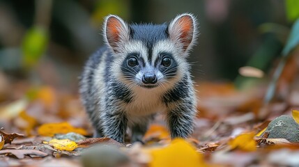 Obraz premium A small, cute animal with distinctive markings, exploring a forest floor covered in autumn leaves.