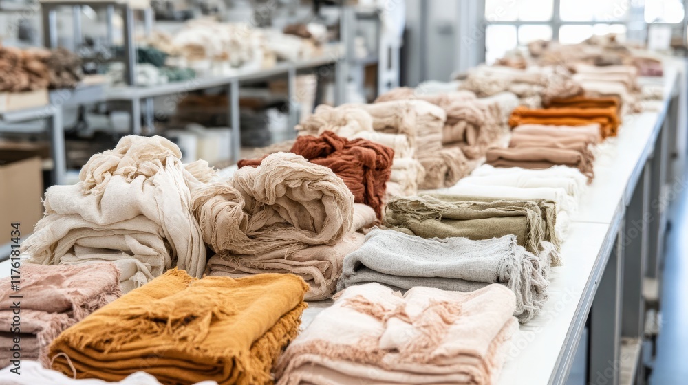 Poster Collection of Colorful Blankets and Fabrics Displayed Neatly on a Table in a Bright and Spacious Textile Workshop Environment