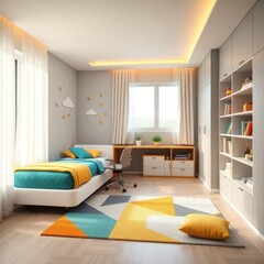 A cheerful and modern bedroom designed for a youthful ambiance. Bed. Wall Decor. Desk Area. Chair. Storage. Rug. Natural Light. 