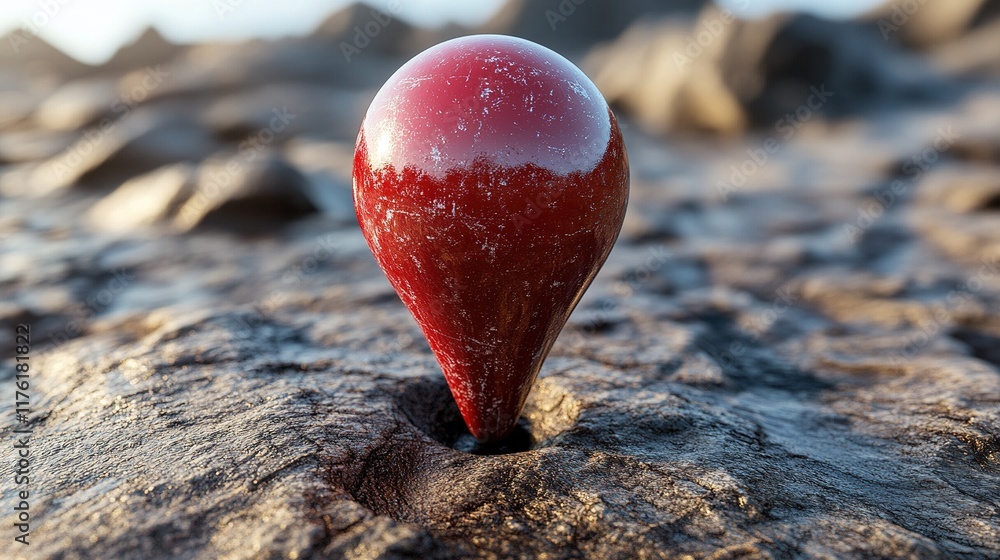 Poster a glossy red teardrop-shaped object embedded in a rocky surface, suggesting a surreal landscape.