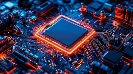 Fototapeta premium Futuristic chipset art emphasizing a blend of neon and metallic textures