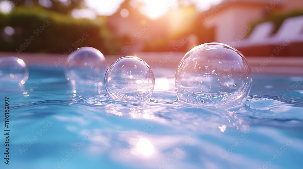 Aufkleber bubbles floating on the surface of a serene pool, reflecting sunlight in a tranquil setting.