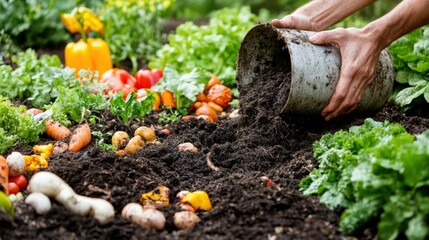 Obraz premium A person is pouring soil into a bucket in a garden
