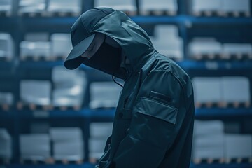 Obraz premium Hooded person standing in warehouse, head down.