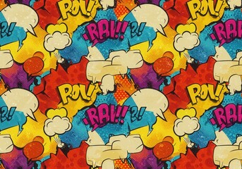 Obraz premium Vibrant comic book style pop art with speech bubbles and explosions