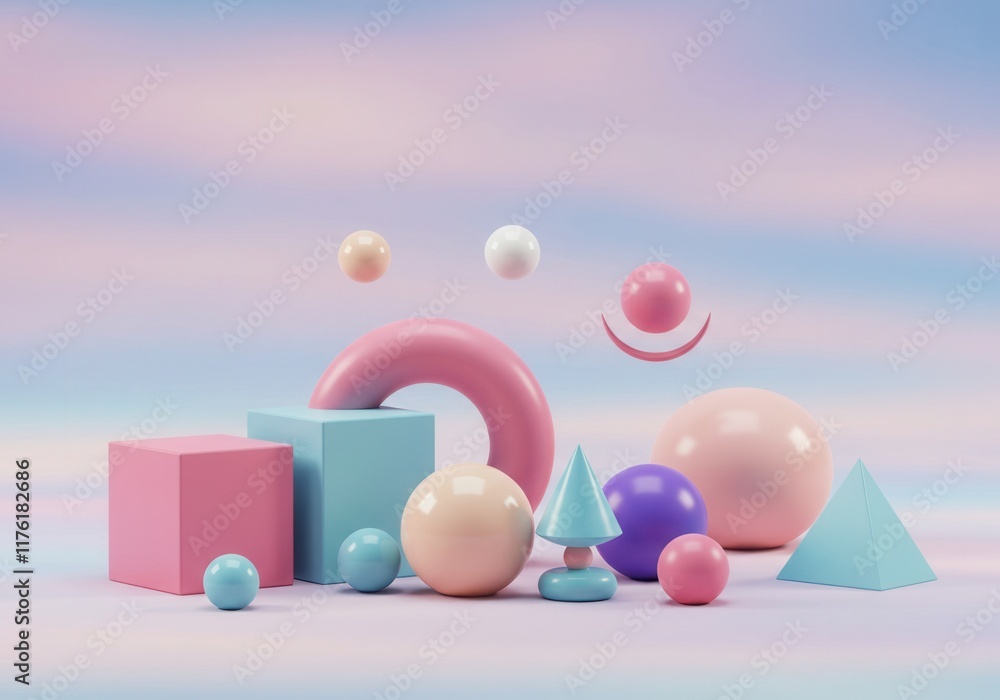 Poster colorful geometric shapes on gradient background - abstract art of spheres and pyramids