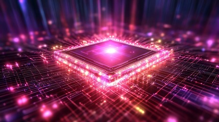 Concept art of a glowing futuristic chipset in a pulsating light matrix