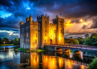 Fototapeta premium Bunratty Castle Ireland Night Photography, Historic Irish Landmark, Low Light Castle Scene