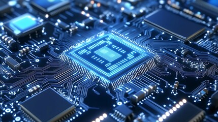 Obraz premium Conceptual futuristic chipset glowing with multidimensional holograms