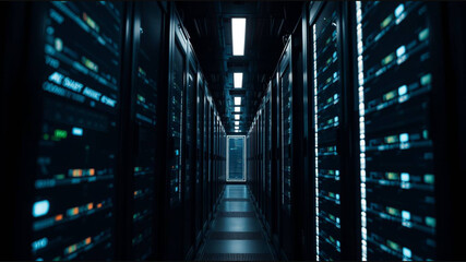 Fototapeta premium Modern Data Center with Blue and Green LED Lights