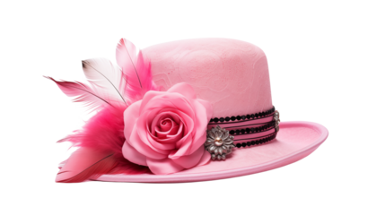 A pink hat with a feather and rose decoration on a transparent background