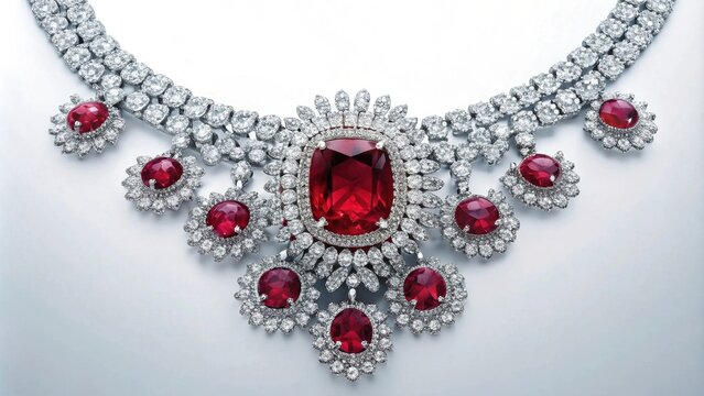 A gleaming necklace with a large ruby centerpiece surrounded by smaller rubies and sparkling diamonds. The delicate design creates a symmetrical pattern, showcasing the brilliance of the stones.
