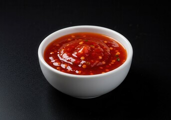 Spicy red chili sauce in white bowl on dark background
