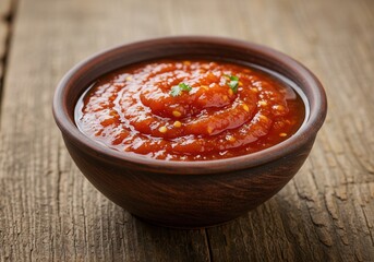 Rustic bowl of classic tomato sauce on wooden table