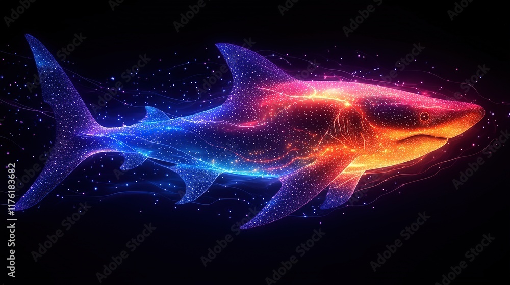 Poster a vibrant, stylized shark illuminated with colorful cosmic patterns in a dark background.