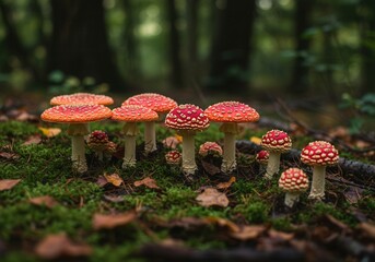 Vibrant amanita mushrooms in a lush forest setting