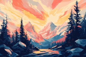 Fototapeta premium Silhouetted Pine Trees Against a Dramatic Sunset Over Mountains