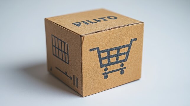 Cardboard cube with shopping cart and barcode symbols, representing online shopping and delivery. - Powered by Adobe