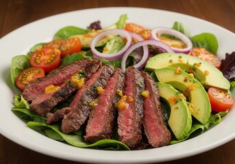 Fresh grilled steak salad with avocado, cherry tomatoes, and red onion on a bed of greens