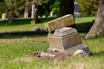 Graveyard headstone damaged by tree. Cemetery maintenance, grave vandalism, and perpetual care...