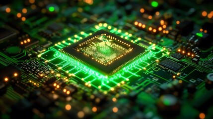 Obraz premium Generative futuristic chipset glowing within a cybernetic neon grid