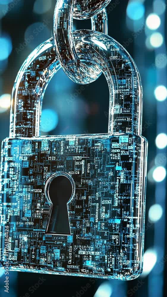 Poster digital lock symbolizing cybersecurity concepts in a modern, futuristic environment