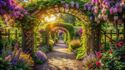 Fototapeta premium A sun-drenched path winds through a vibrant garden, framed by lush archways adorned with blooming purple flowers, a picturesque symphony of nature's beauty.