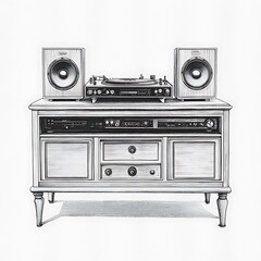 Obraz premium Vintage Stereo System on Wooden Cabinet Hand-Drawn Illustration.