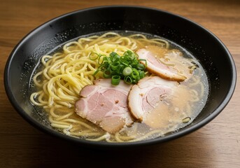Delicious bowl of ramen with sliced pork and green onions in black bowl on wooden table
