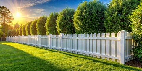 A pristine white picket fence stands tall against a backdrop of vibrant green foliage, bathed in the warm glow of a setting sun, casting long shadows on the lush green grass.