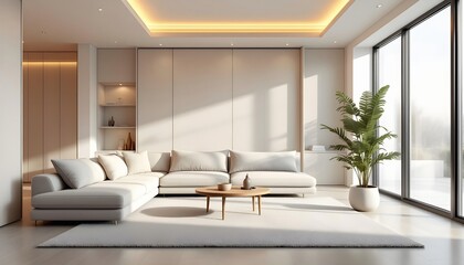 Fototapeta premium A modern and minimalist living room with a large white sectional sofa, a wooden coffee table, and potted plants. The room has a warm, neutral color palette and indirect lighting from the ceiling