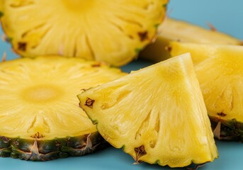 Fresh pineapple slices on vibrant blue background