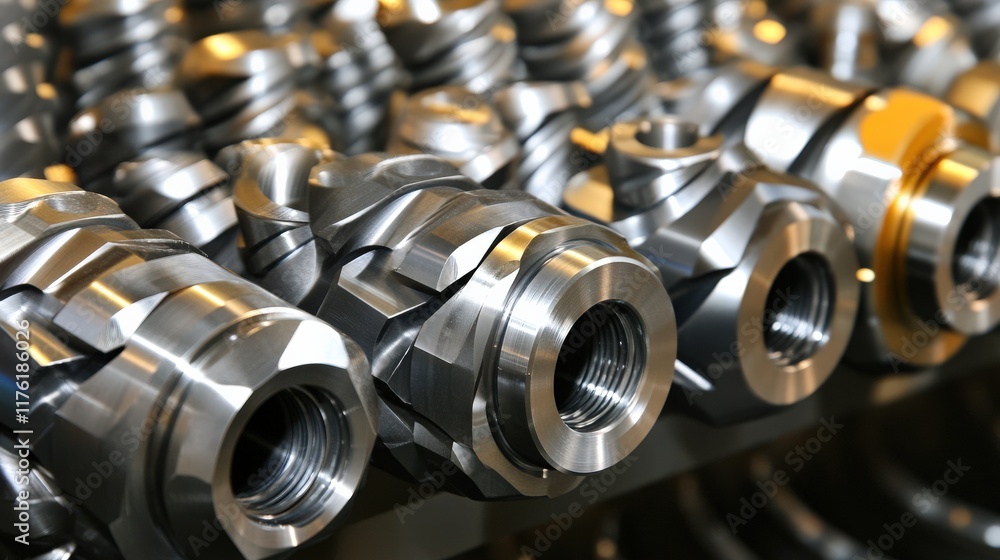 Poster close-up view of precision engineered metal parts displaying intricate machining details and high-qu