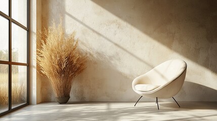 Sunlit room with beige armchair and pampas grass.