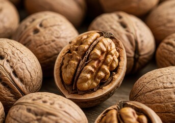 Walnuts in shell with one opened half on display