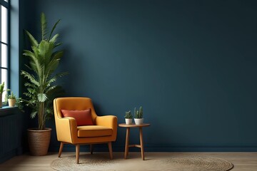 Retro interior design of living room with stylish vintage chair and table, plants, cacti, personal accessories on dark blue background with copy space