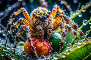 Close-up Macro Shot of a Spider on its Web with Dew Drops, Edible Insects,  Gourmet Food Photography