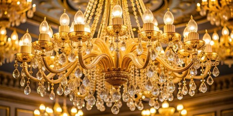 Fototapeta premium A glittering cascade of crystal teardrops hangs from a golden frame, illuminating the room with a warm, ethereal glow.